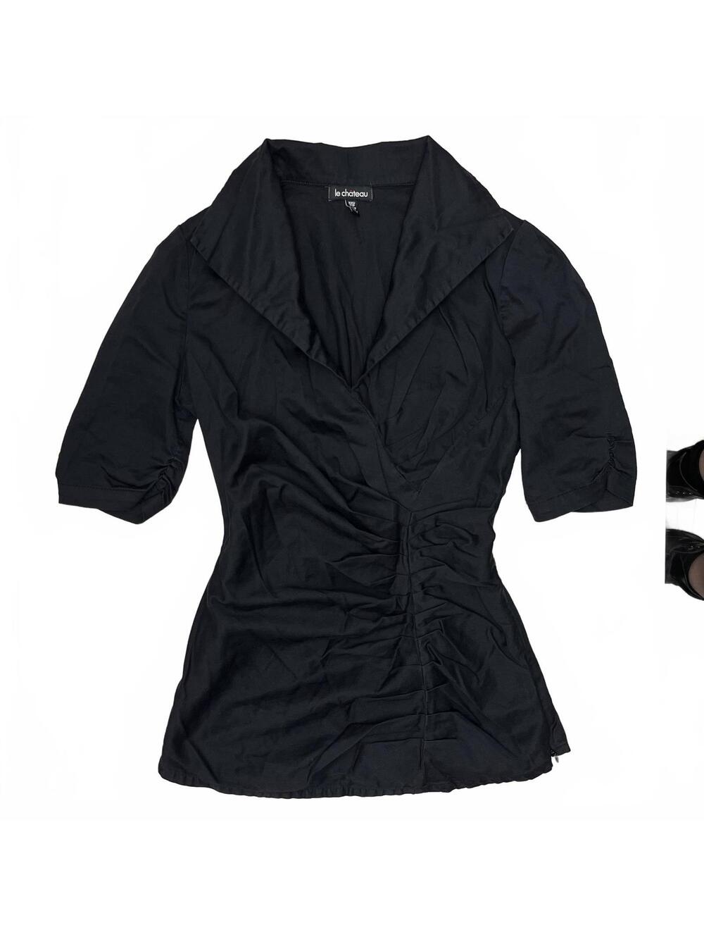 Y2K Le Chateau Sz XXS Black Pleated Asymmetrical Blouse W Collar Corporate Goth